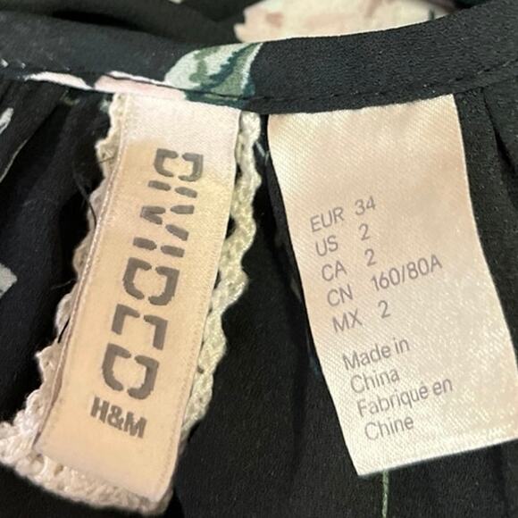 H&M Black Floral Print Ruffle Long Sleeve Tiered Midi Blouson A-Line Dress 2 - Picture 5 of 6